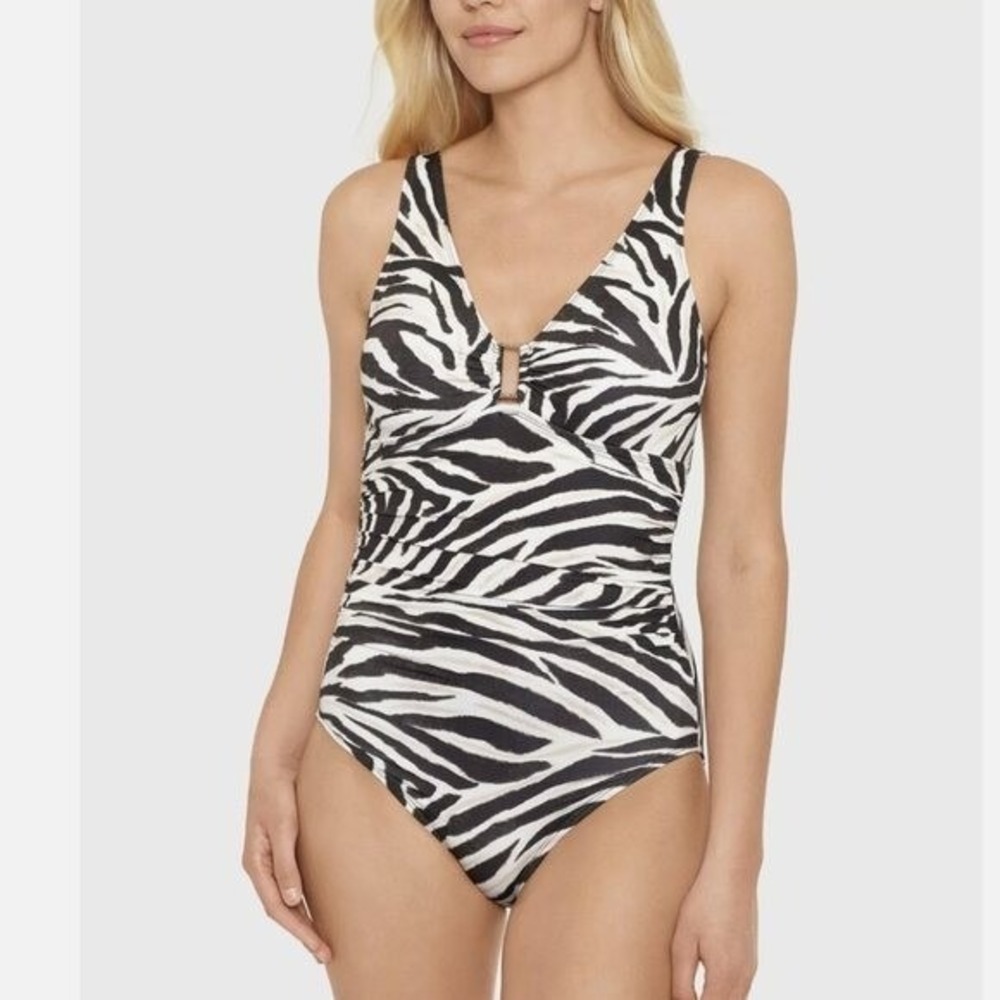 Ralph Lauren Zebra Underwire Tummy-Control Ring-Front One-Piece Swimsuit 14 NWT
